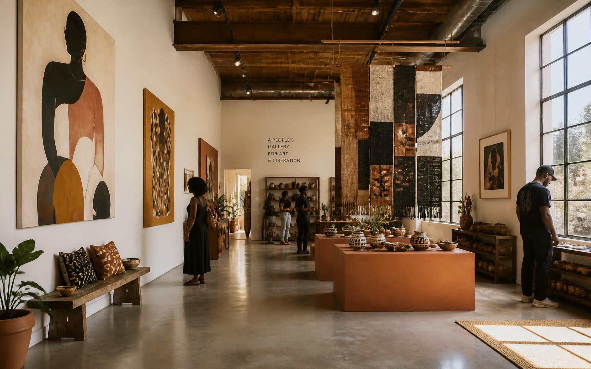 Interior of Zinah Gallery with paintings, woven textiles and handmade ceramics