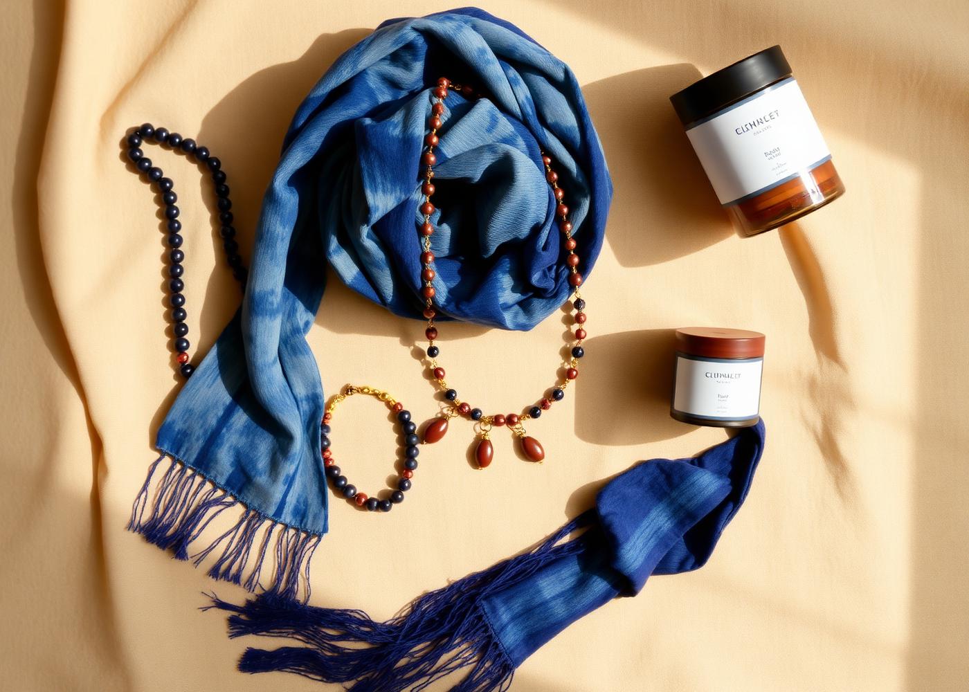 Handcrafted jewelry, indigo dyed scarf and artisan candles