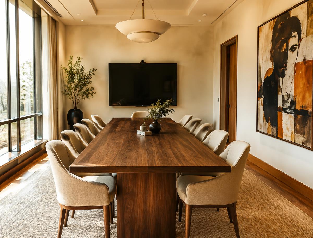Conference room with long wooden table and screen