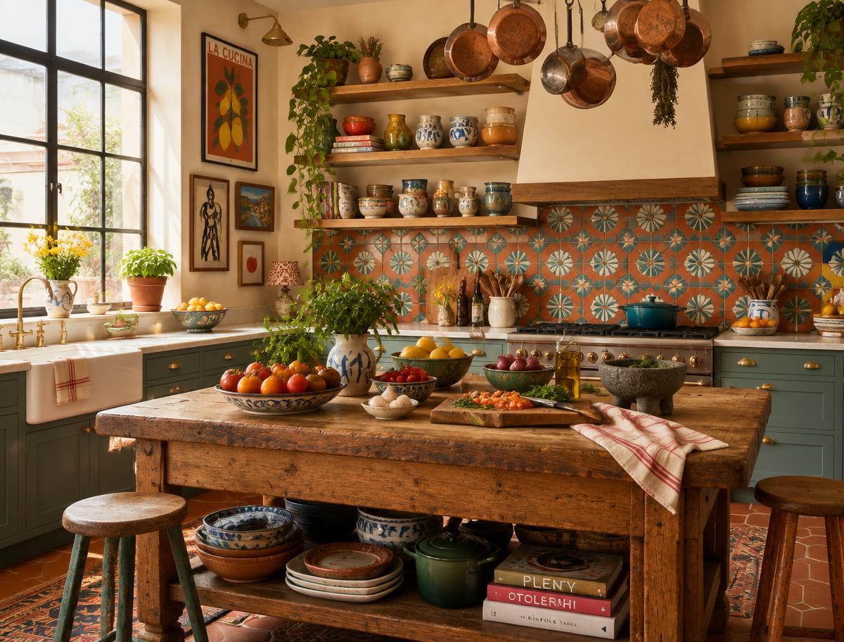 Funky culinary studio kitchen with colorful tiles and copper pots