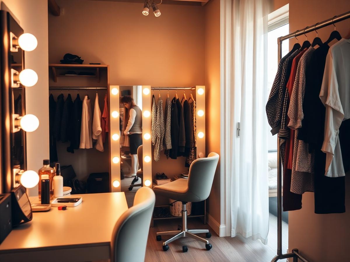 Hair, makeup and wardrobe studio with lighted mirror