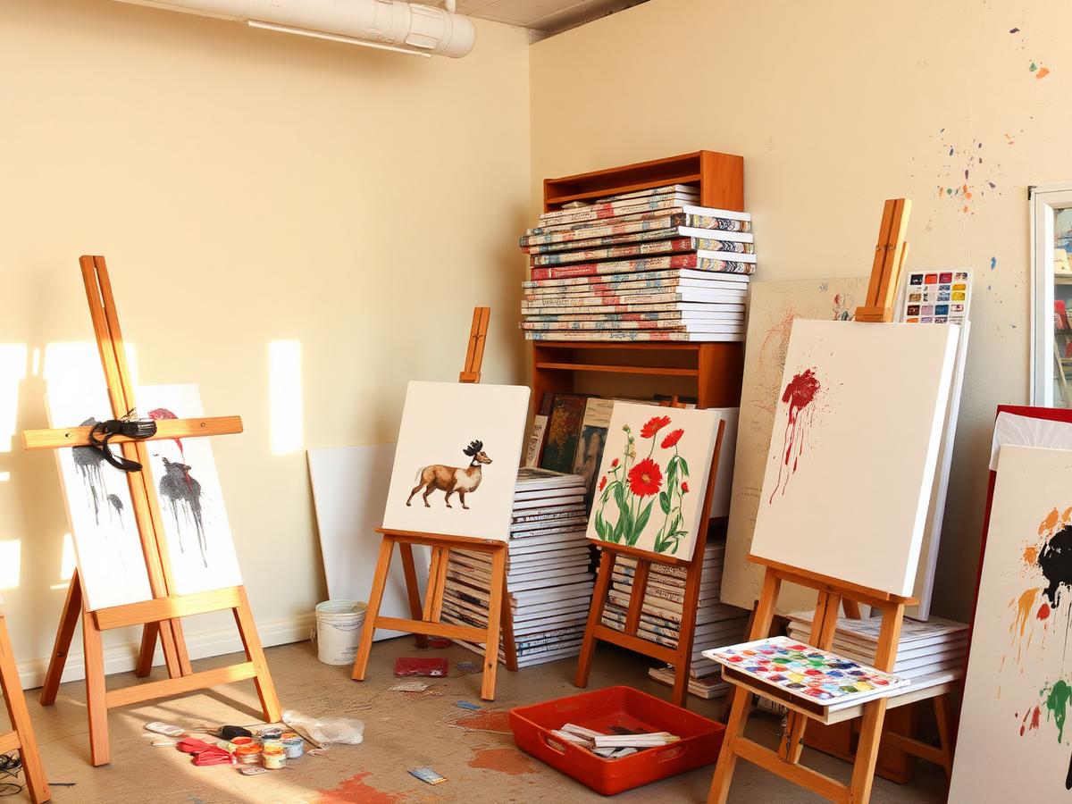 Paint studio with easels and canvases