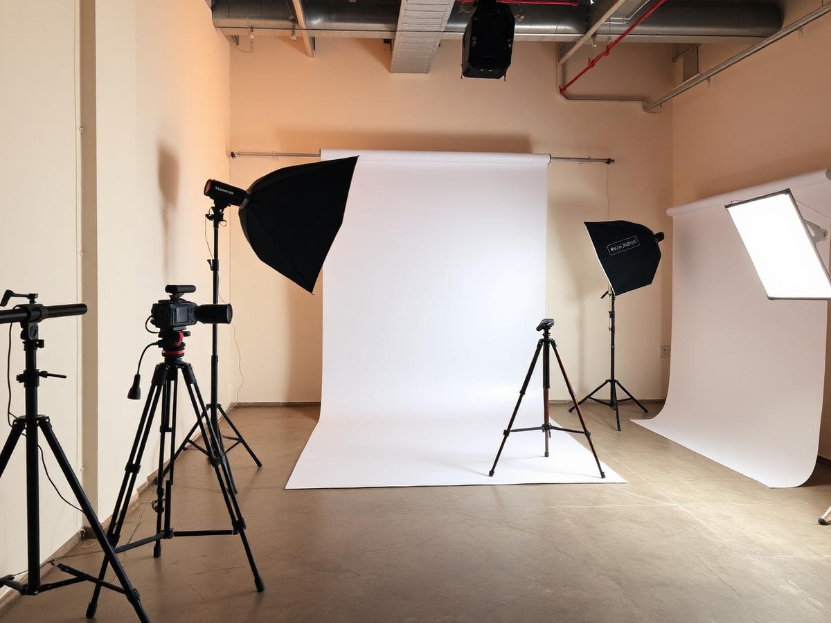 Photography studio with seamless backdrop and softbox lighting