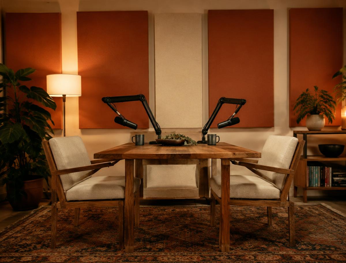 Podcast studio with two microphones and acoustic panels