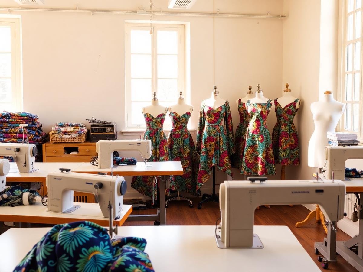 Sewing studio with machines and printed fabrics