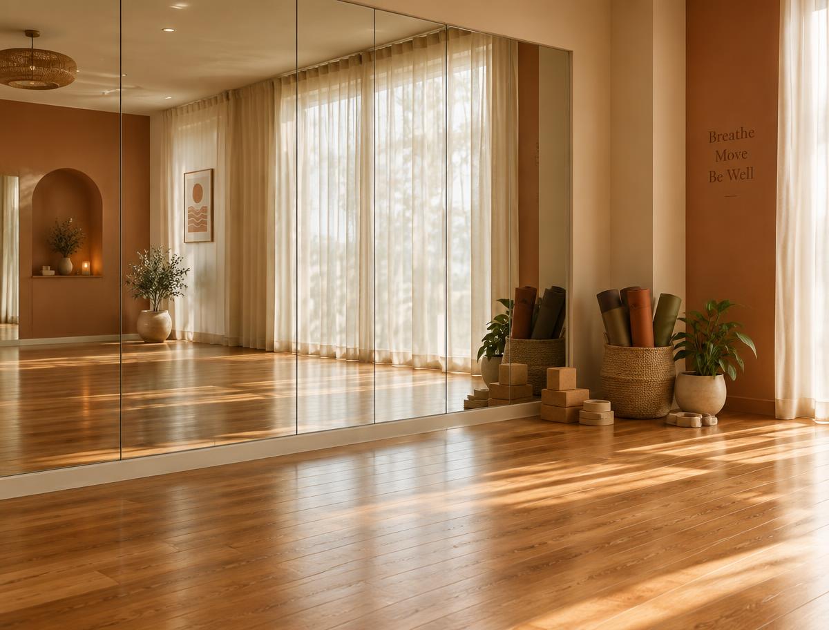 Intimate empty yoga studio with floor-to-ceiling mirrored walls