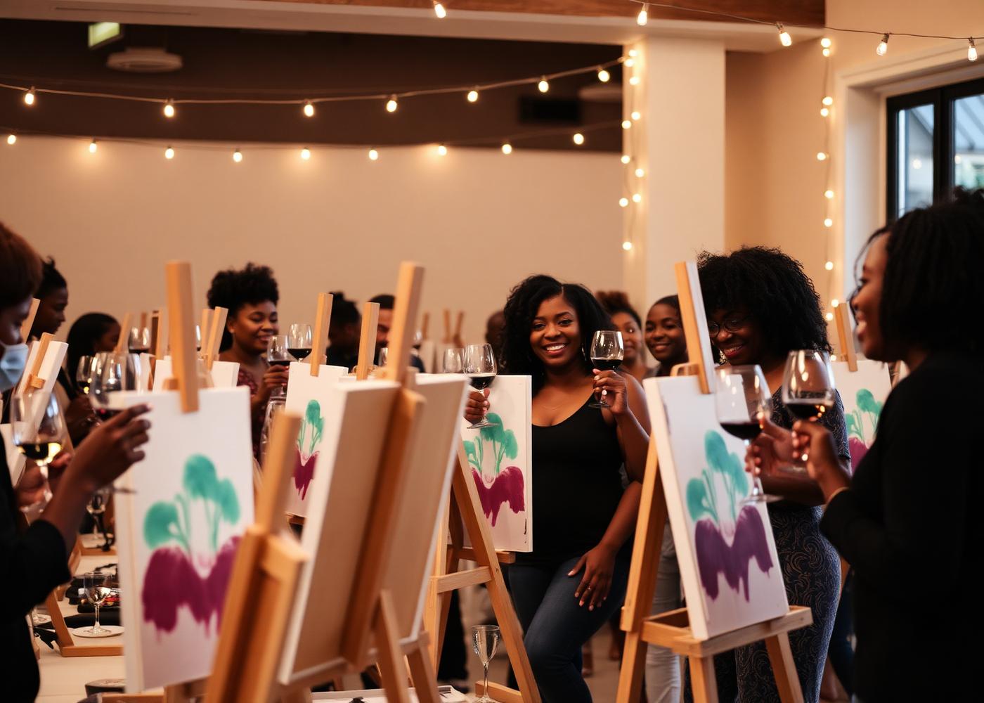Sip and paint workshop with participants at easels